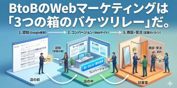 BtoBのWebマーケティングは「3つの箱のバケツリレー」だ。